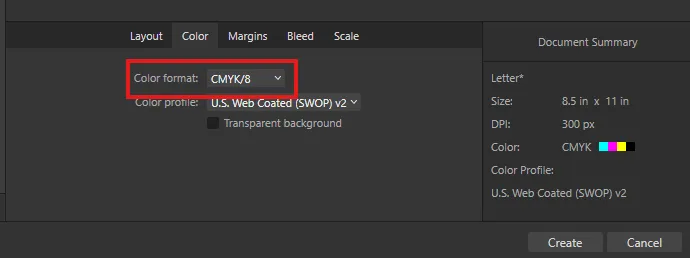 Set color space of new document to CMYK
