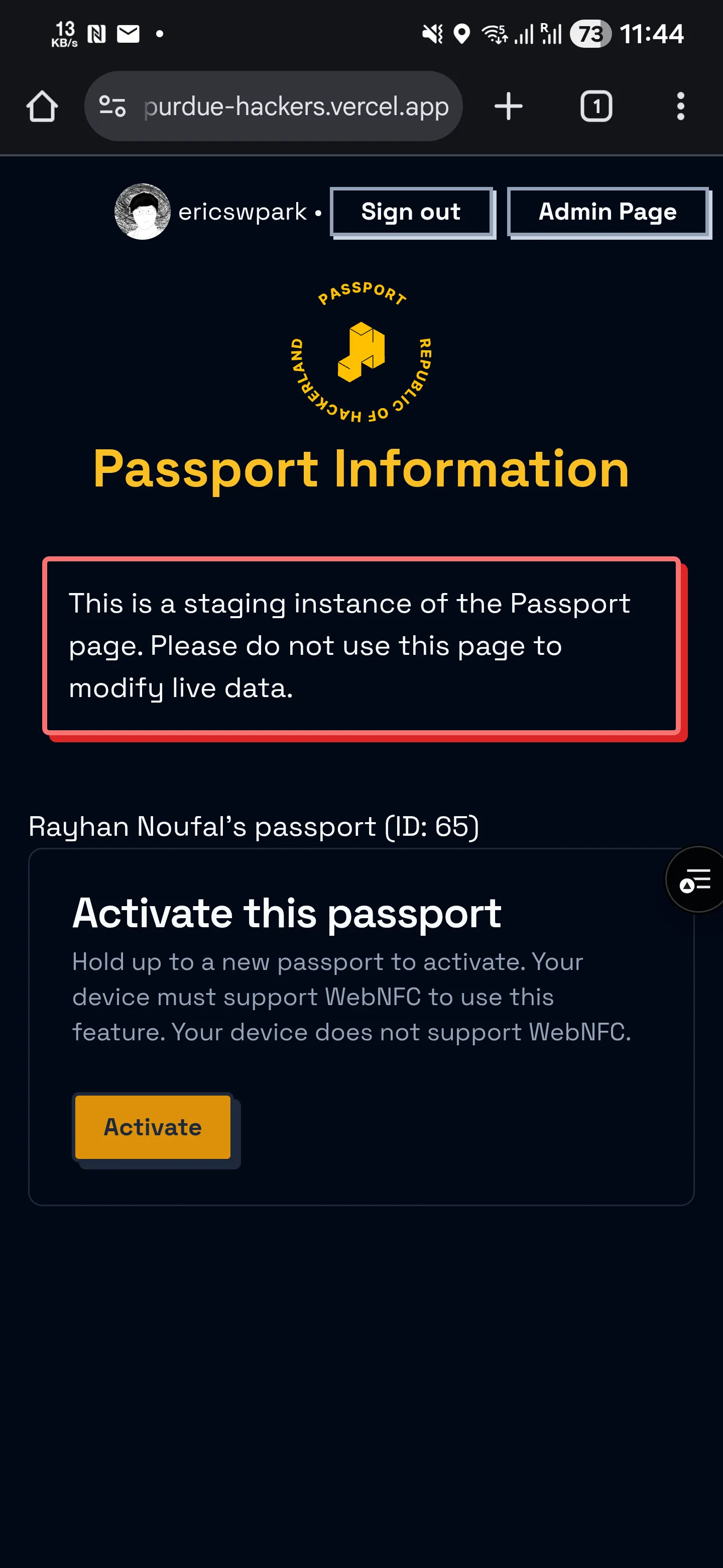 Screenshot of WebNFC on Chrome for Android