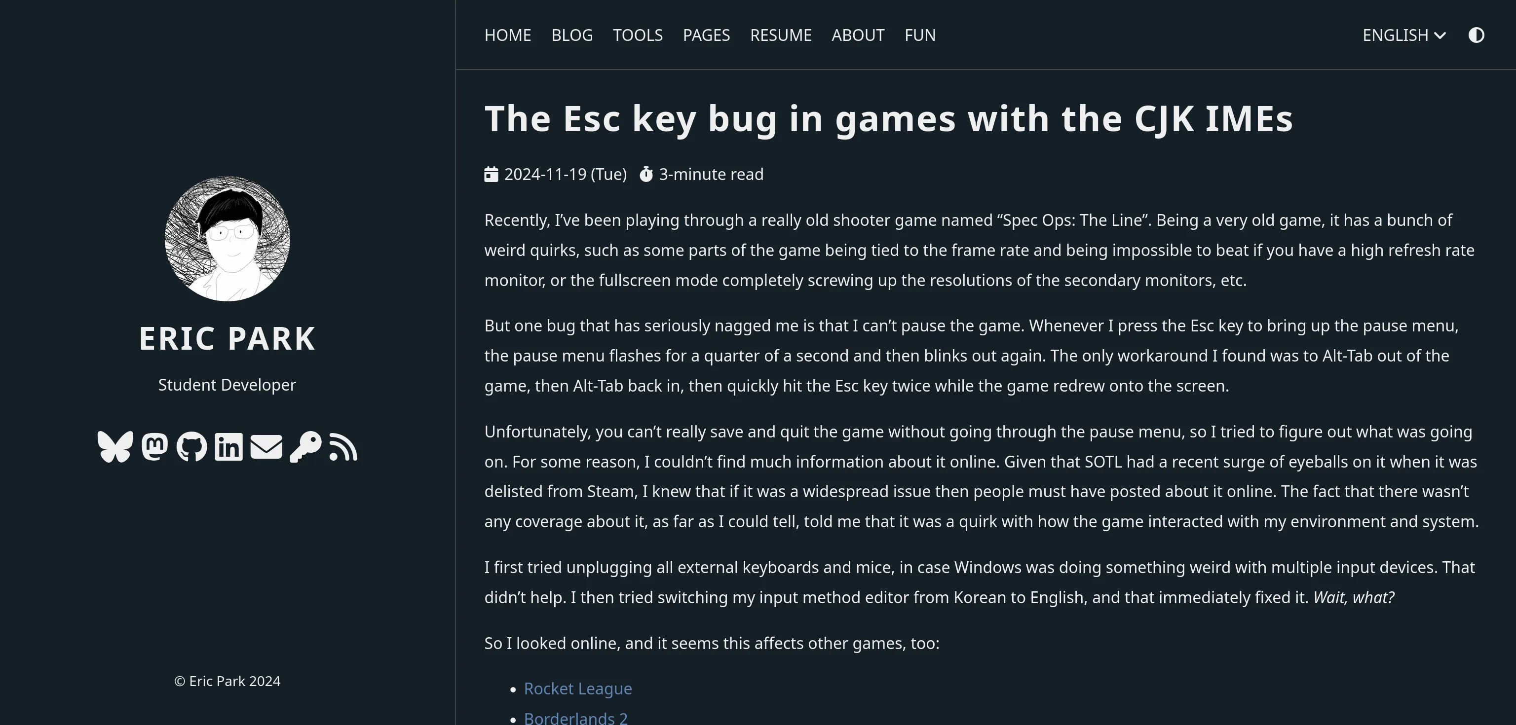 Blog post example before (dark mode)