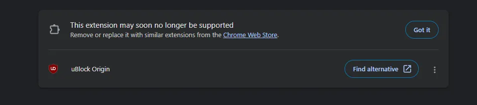 Chrome's extensions settings page. Under "This extension may soon no longer be supported", uBlock Origin is listed