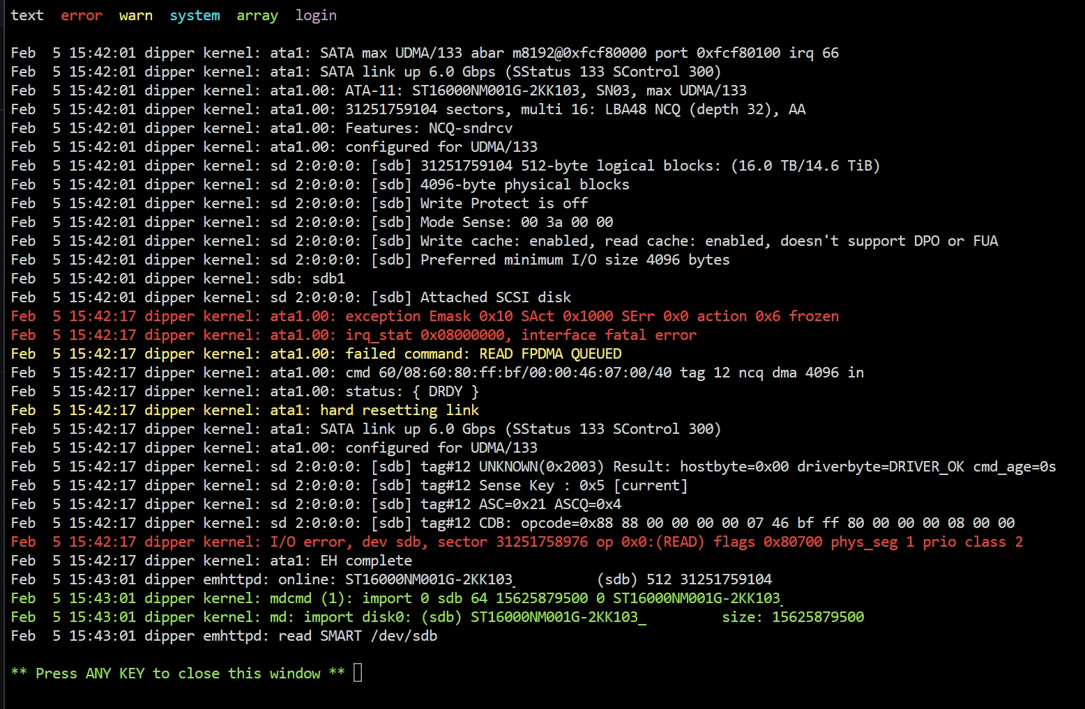 Screenshot of I/O errors from the server hard drives