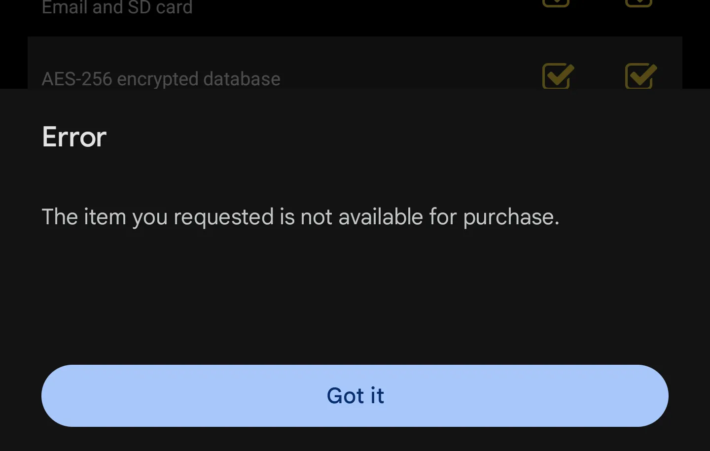 Google Play dialog saying item not available