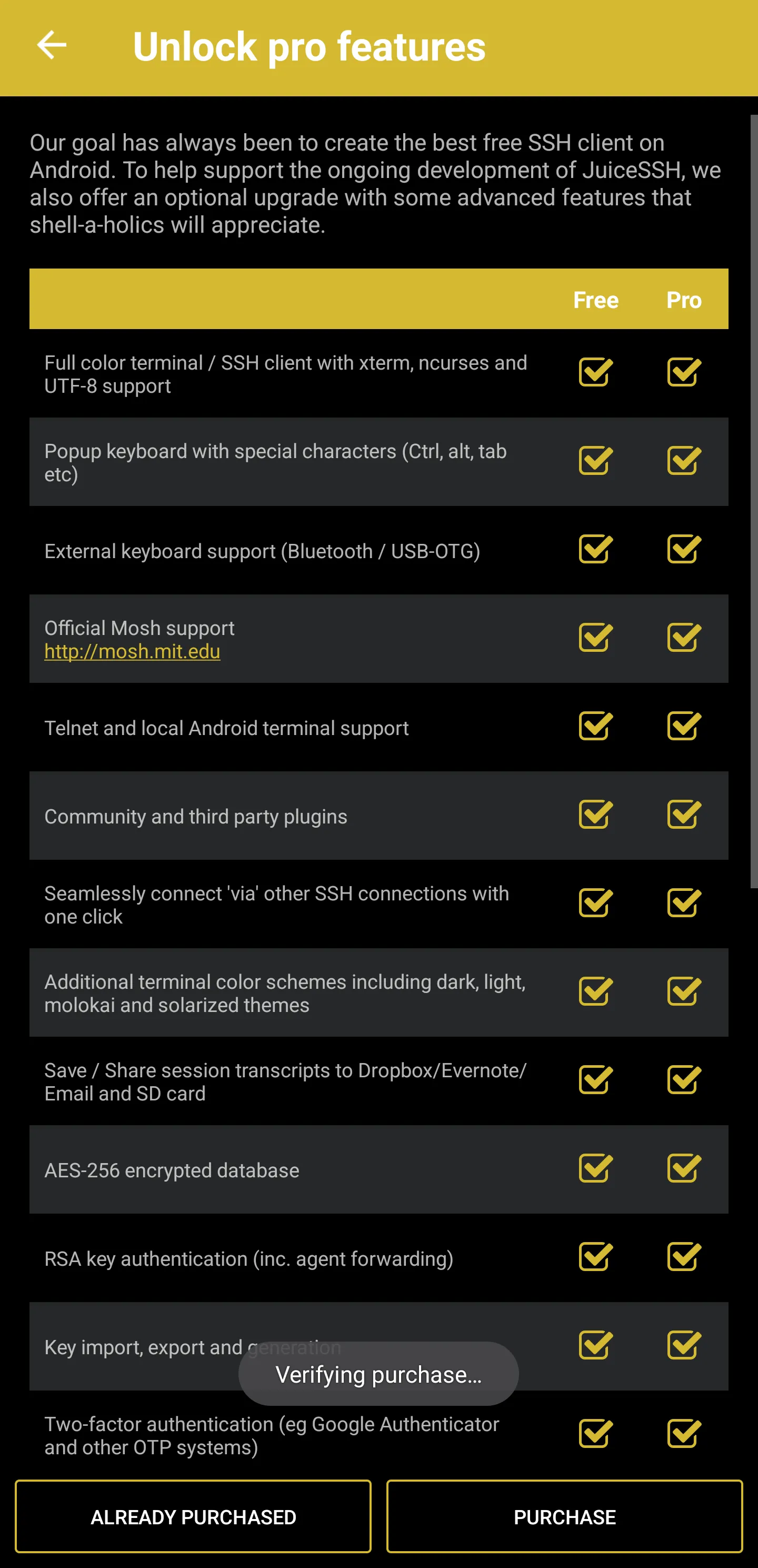 Verifying purchase screenshot