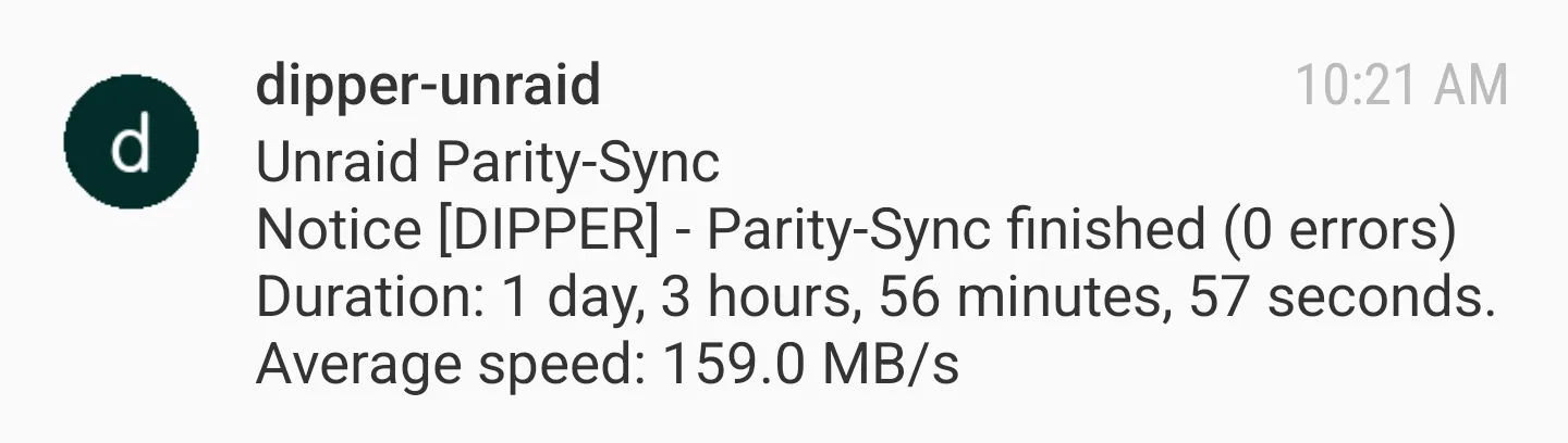 Pushover notification from server letting me know that the parity sync and data rebuild is complete