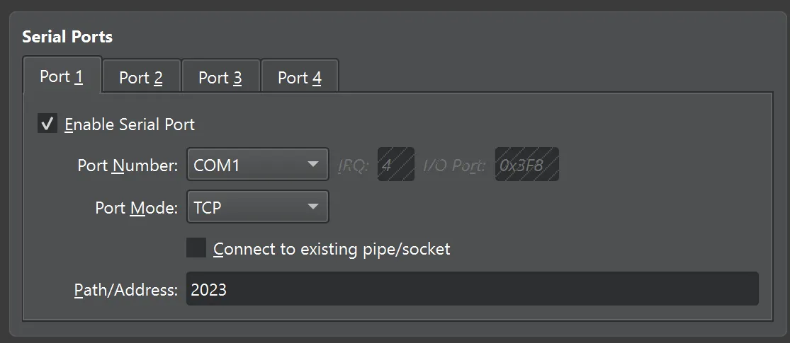 VirtualBox serial port setup parameters