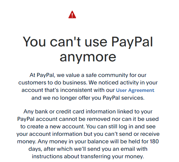 PayPal ban notice