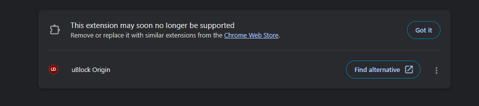 Chrome’s extensions settings page. Under “This extension may soon no longer be supported”, uBlock Origin is listed